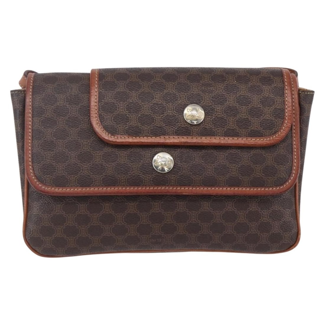 Vintage Macadam Canvas and Leather Shoulder Bag by Celine: Vintage Macadam Canvas and Leather Shoulder Bag by Celine This pre-owned Celine Vintage Macadam shoulder bag for women features a brown canvas body with leather accents. It measures 23cm x 15cm x 3cm