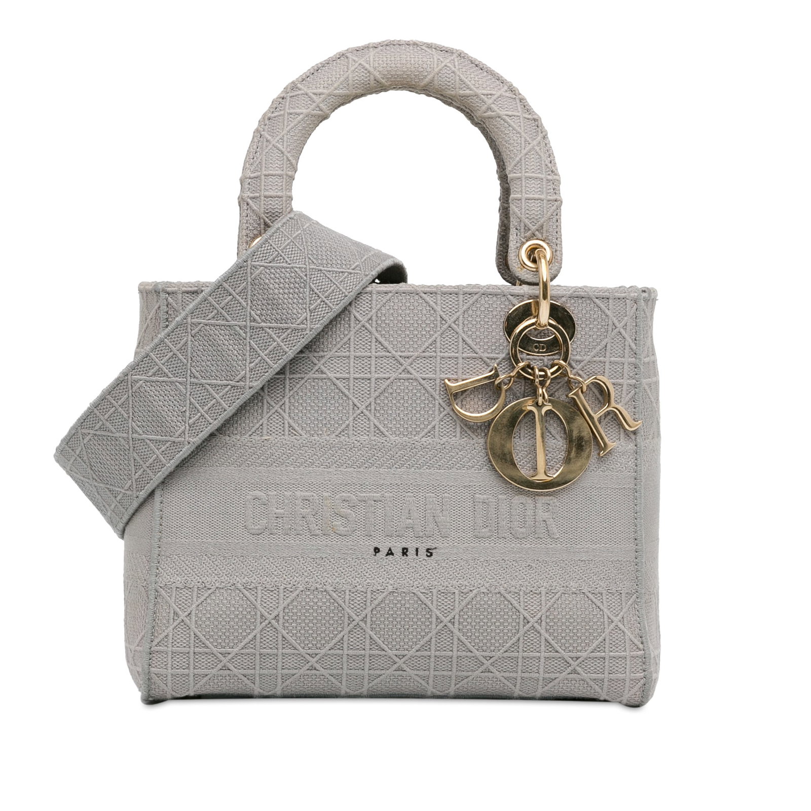 Dior Medium Canvas Cannage Lady D Lite Gray Bag with Detachable Strap: Dior Medium Canvas Cannage Lady D Lite Gray Bag with Detachable Strap The Dior Medium Canvas Cannage Lady D Lite is a stylish and functional bag featuring a durable canvas body in a sophisticated gray