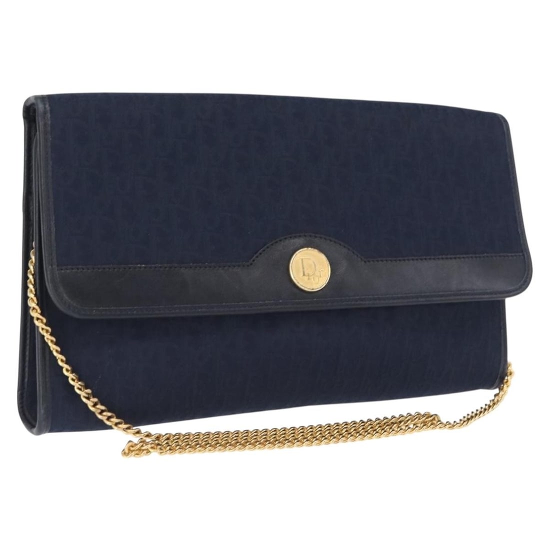 Navy Gold Trotter Canvas Shoulder Bag by Christian Dior: Navy Gold Trotter Canvas Shoulder Bag by Christian Dior This Christian Dior shoulder bag features the signature Trotter canvas in navy with gold-tone accents. Crafted in France, the bag measures appro