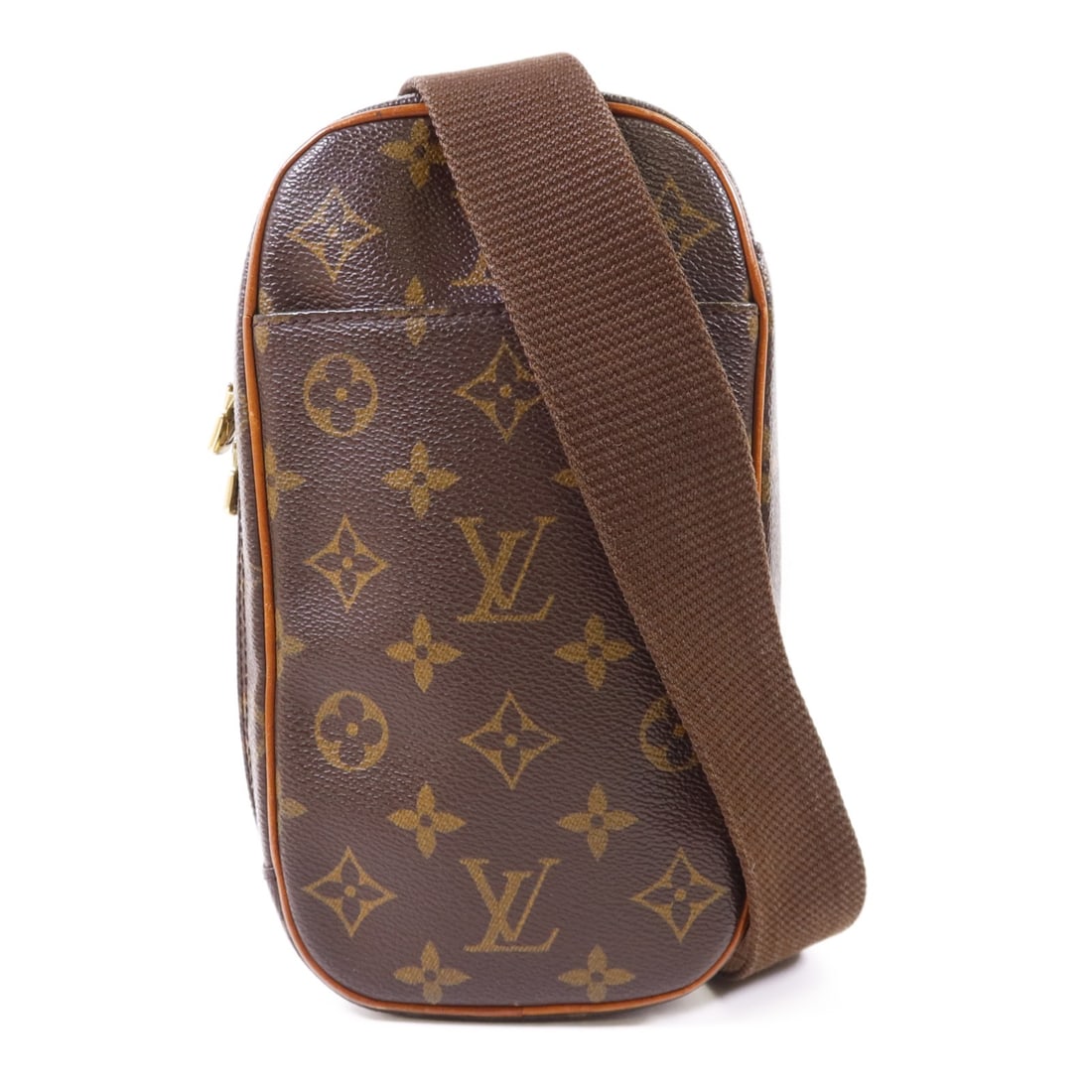 Louis Vuitton Monogram Pochette Gange Brown Waist Bag M51870 with Gold Hardware: Louis Vuitton Monogram Pochette Gange Brown Waist Bag M51870 with Gold Hardware This Louis Vuitton Pochette Gange waist bag features the iconic Monogram design in brown PVC coated canvas. Designed for