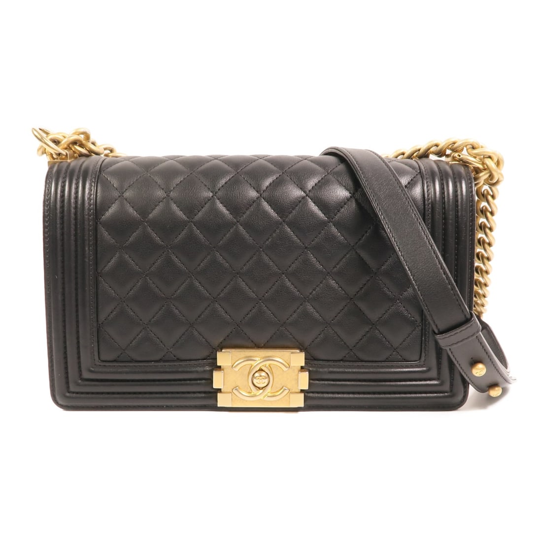 Chanel Boy 25 Black Lambskin Shoulder Bag with Gold Tone CC Hardware: Chanel Boy 25 Black Lambskin Shoulder Bag with Gold Tone CC Hardware This CHANEL Boy 25 shoulder bag features a black lambskin leather exterior and gold-tone hardware. Designed for women, it offers a