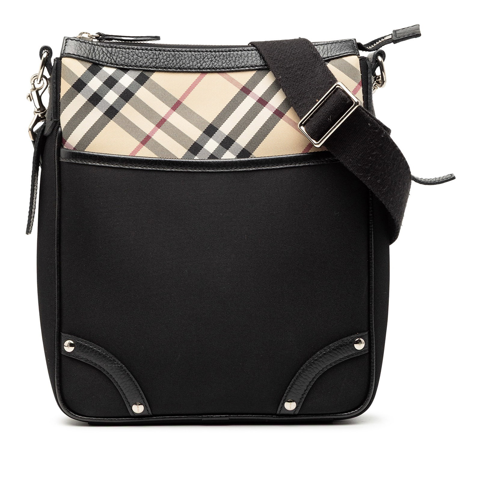 Nylon Crossbody Bag with Nova Check Canvas Trim by Burberry: Nylon Crossbody Bag with Nova Check Canvas Trim by Burberry This Burberry Nova Check Trimmed Nylon Crossbody bag features a black nylon body with signature nova check canvas trim. It is designed with