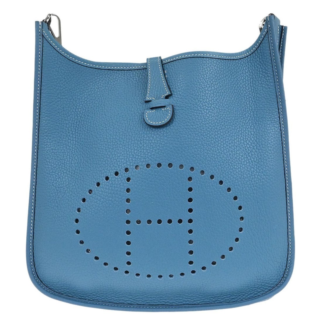 Evelyne II PM Blue Jean Clemence Leather Shoulder Bag by Hermes: Evelyne II PM Blue Jean Clemence Leather Shoulder Bag by Hermes This Hermes Evelyne 2 PM shoulder bag is crafted from Blue Jean Taurillon Clemence leather, featuring a medium-sized silhouette ideal fo