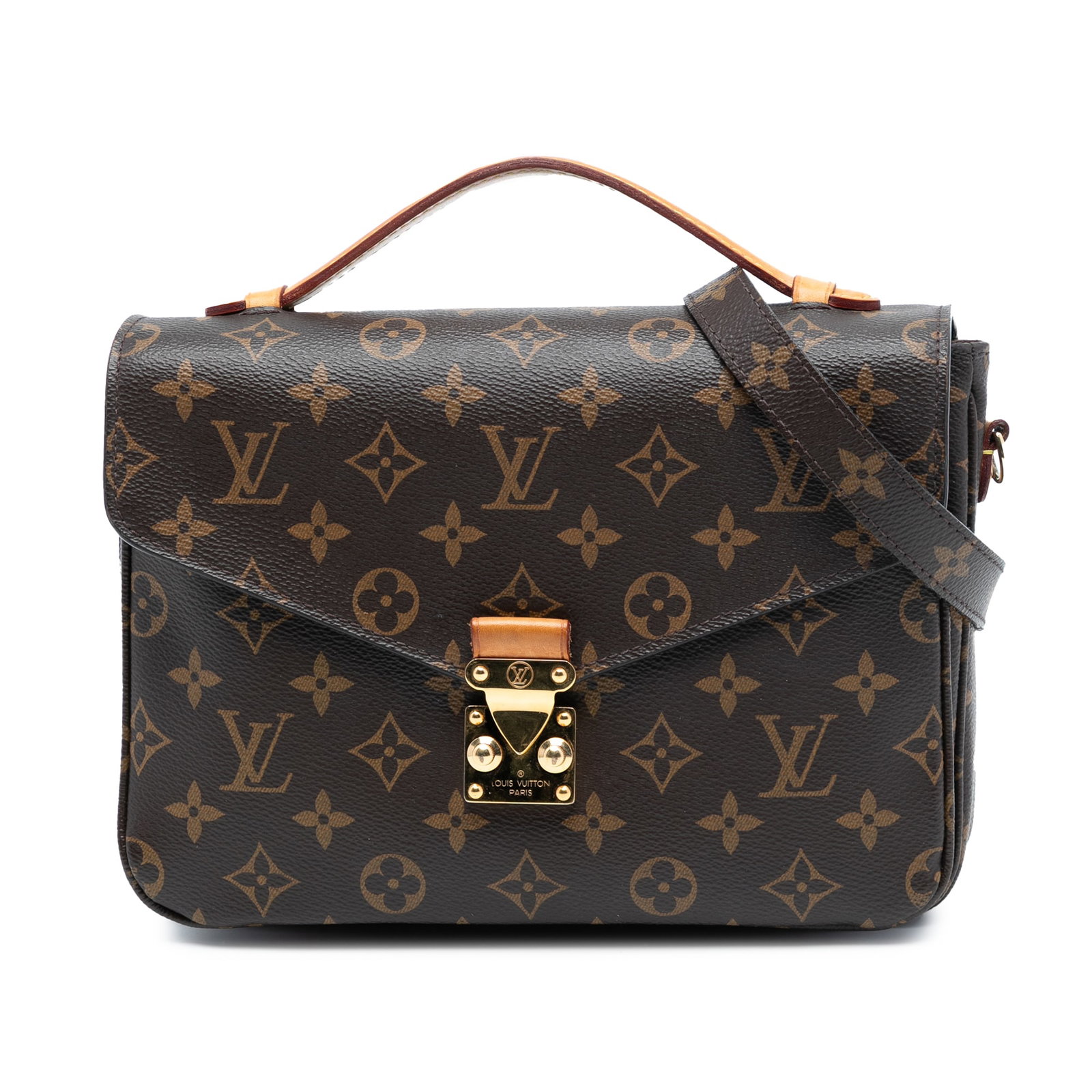 Louis Vuitton Pochette Metis Shoulder Bag in Monogram Canvas with Top Handle: Louis Vuitton Pochette Metis Shoulder Bag in Monogram Canvas with Top Handle The Louis Vuitton Monogram Pochette Metis features a monogram canvas body with a flat vachetta leather top handle and a det
