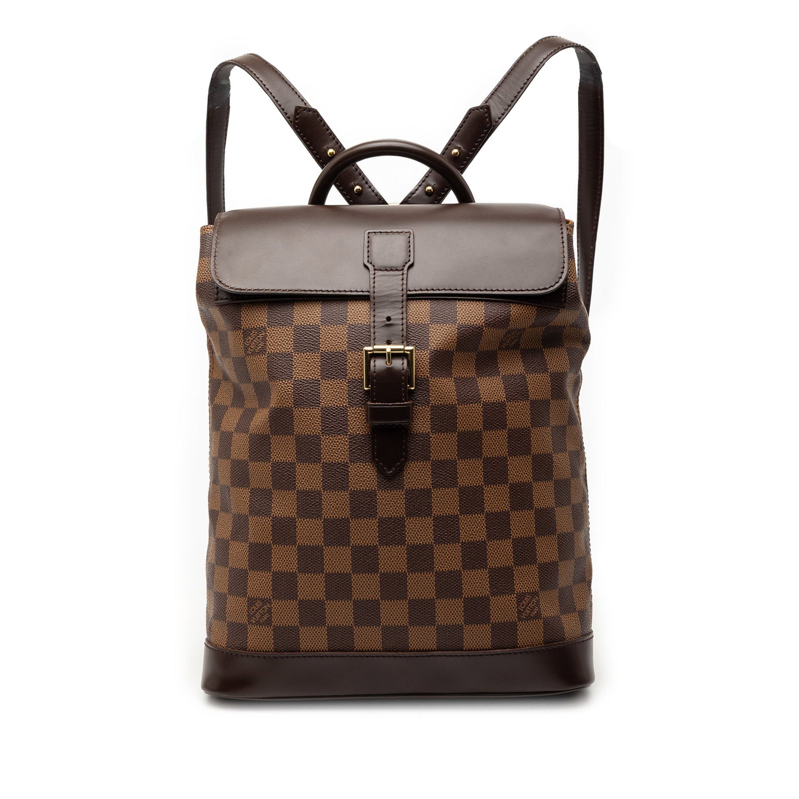 Louis Vuitton Soho Damier Ebene Canvas Brown Backpack with Leather Trim: Louis Vuitton Soho Damier Ebene Canvas Brown Backpack with Leather Trim The Louis Vuitton Damier Ebene Soho Backpack showcases a damier ebene canvas body with leather trim, a rolled leather handle, fl