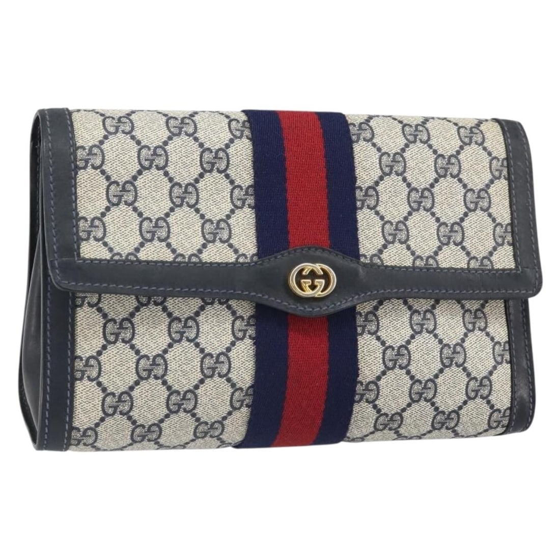 Gucci GG Supreme Sherry Line Navy PVC Leather Clutch Gold Accents Italy: Gucci GG Supreme Sherry Line Navy PVC Leather Clutch Gold Accents Italy This is a Gucci GG Supreme Sherry Line clutch bag crafted from navy and gold PVC leather and GG canvas. The bag features a struc
