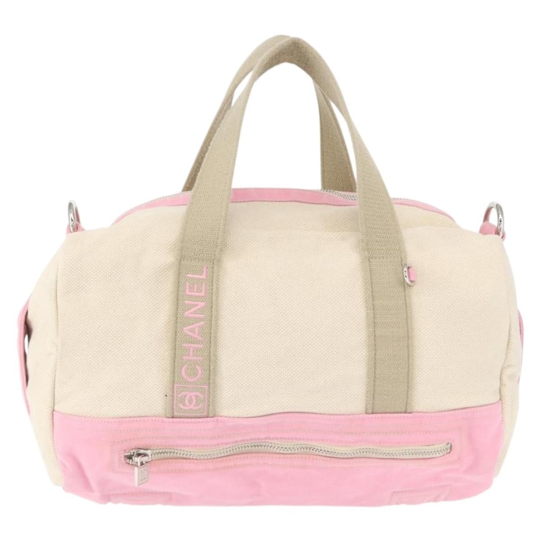 Chanel Sport Line Pink Canvas Boston Bag Unisex: Chanel Sport Line Pink Canvas Boston Bag Unisex This Chanel Sport Line Boston bag is crafted from pink canvas and features a unisex design. The bag shows signs of use, including rubbing, slight stains