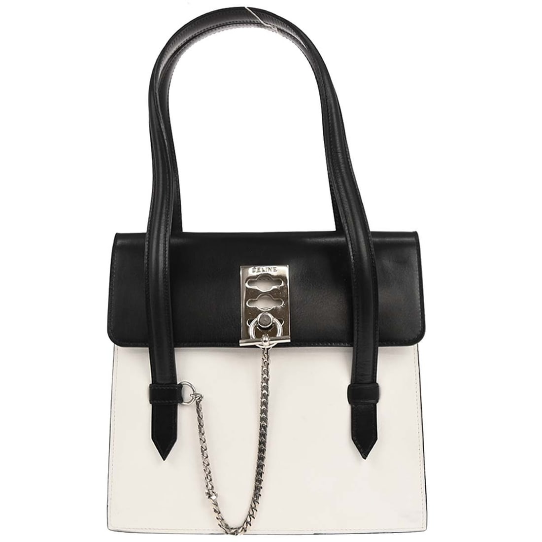 Celine Small White Leather Top Handle Bag F/09: Celine Small White Leather Top Handle Bag F/09 This Celine handbag features a compact, small-sized design crafted from white leather. It includes a top handle with a 6-inch drop and a turn lock closur