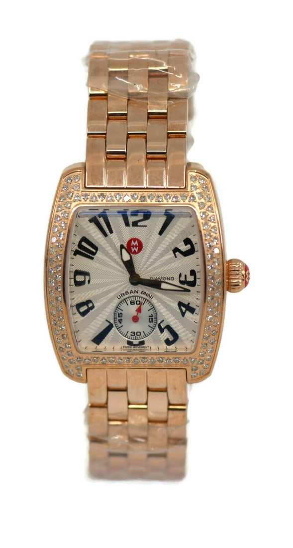Michele Mini Urban Diamond Watch Rose Gold Stainless Steel MW02A01B5001: Michele Mini Urban Diamond Watch Rose Gold Stainless Steel MW02A01B5001 This Michele Mini Urban Diamond watch combines elegance and functionality, featuring a stunning rose gold-plated stainless steel