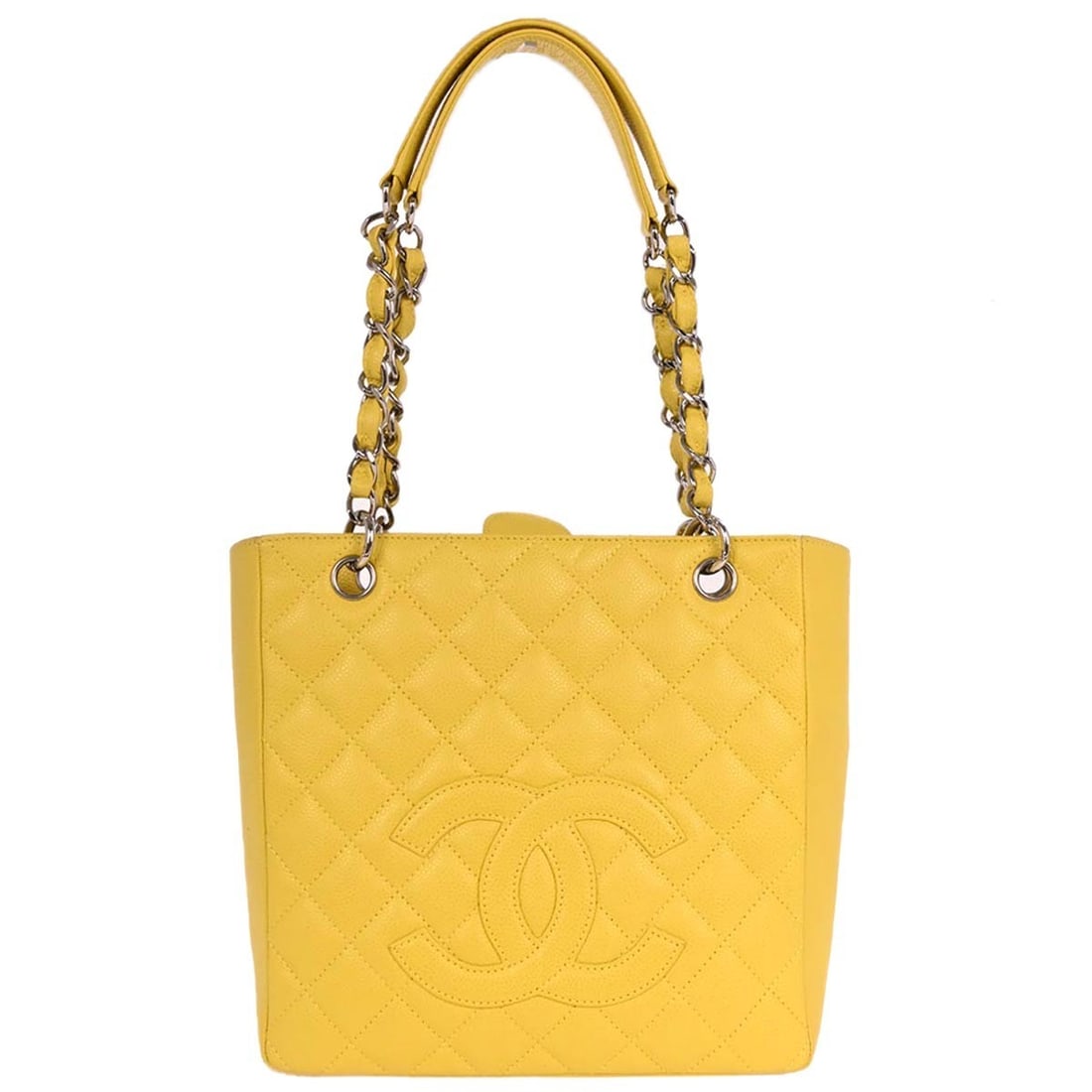 Chanel Yellow Caviar Petite Shopping Tote Handbag: Chanel Yellow Caviar Petite Shopping Tote Handbag Introducing the Chanel Yellow Calfskin Petite Shopping Tote (PST) Chain Handbag, a stylish accessory perfect for casual occasions. This medium-sized t
