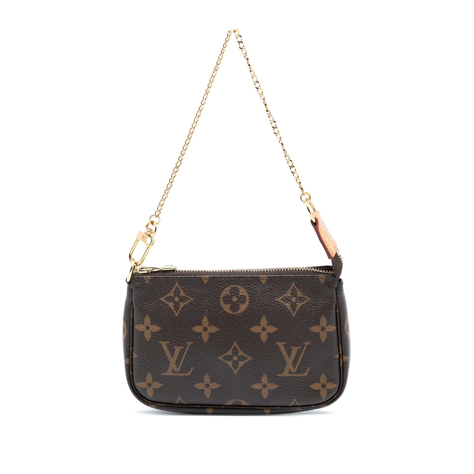 Louis Vuitton Mini Monogram Canvas Pouch with Chain Strap: Louis Vuitton Mini Monogram Canvas Pouch with Chain Strap The Louis Vuitton Monogram Mini Pochette Accessoires features a monogram canvas exterior, a gold-tone chain link strap, and a top zip closure.