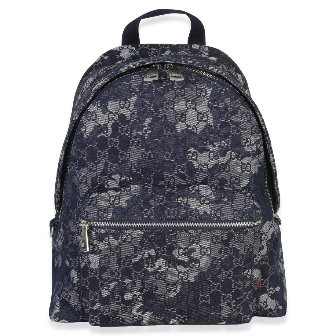 Navy GG Jacquard Denim Backpack by Gucci with Dustbag: Navy GG Jacquard Denim Backpack by Gucci with Dustbag This Gucci Navy Jacquard Denim GG Monogram Backpack features a blue denim exterior with the iconic GG monogram pattern and silver-tone hardware. T