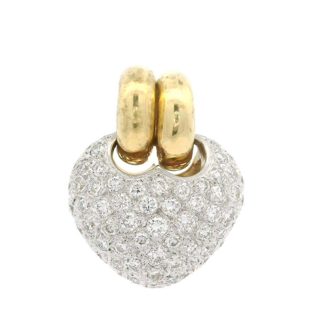 18k Gold Dual Bail Heart Pendant 1.20ct Pave Diamond: 18k Gold Dual Bail Heart Pendant 1.20ct Pave Diamond This exquisite heart slide pendant showcases a stunning design crafted from solid 18k yellow gold with elegant white gold accents. Adorned with num