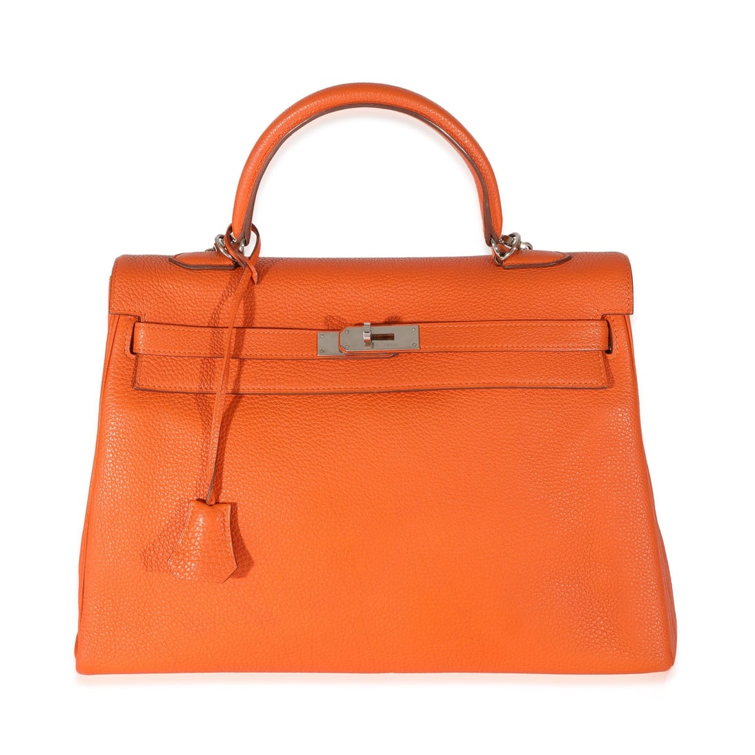 Orange Leather Kelly 35 Shoulder Bag with Silver Hardware by Hermes: Orange Leather Kelly 35 Shoulder Bag with Silver Hardware by Hermes This Hermes Kelly 35 handbag is crafted from orange Togo leather and features silver-tone hardware. The bag includes a turnlock clos