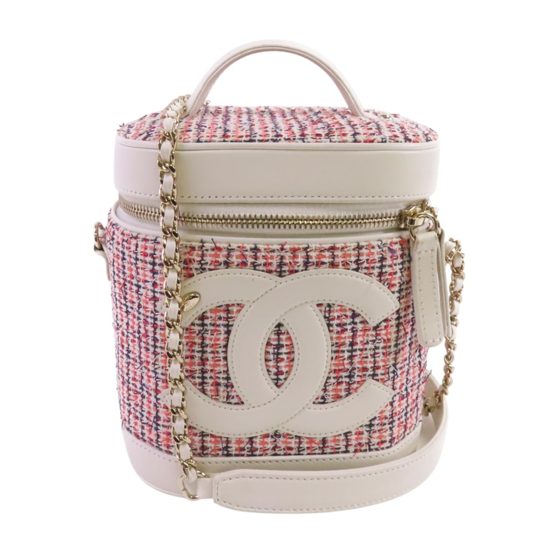 CHANEL White Pink Multicolor Tweed 2way Shoulder Bag with GHW: CHANEL White Pink Multicolor Tweed 2way Shoulder Bag with GHW Introducing the stylish CHANEL CC Hand Chain Shoulder Bag, a versatile 2-way accessory crafted from elegant tweed fabric in a charming ble