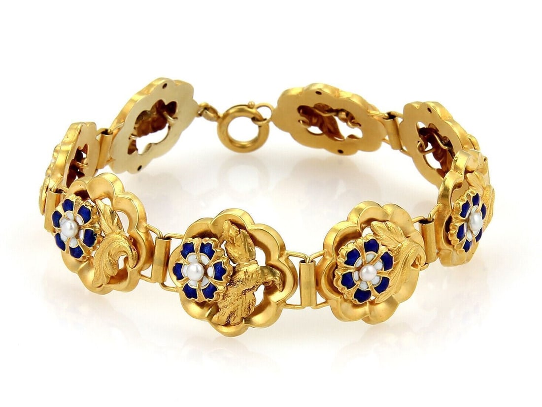 Vintage 14k Yellow Gold Link Bracelet with Blue Enamel Roses and Seed Pearls: Vintage 14k Yellow Gold Link Bracelet with Blue Enamel Roses and Seed Pearls This antique link bracelet is crafted from 14k yellow gold and features intricate rose motifs highlighted with vibrant blue