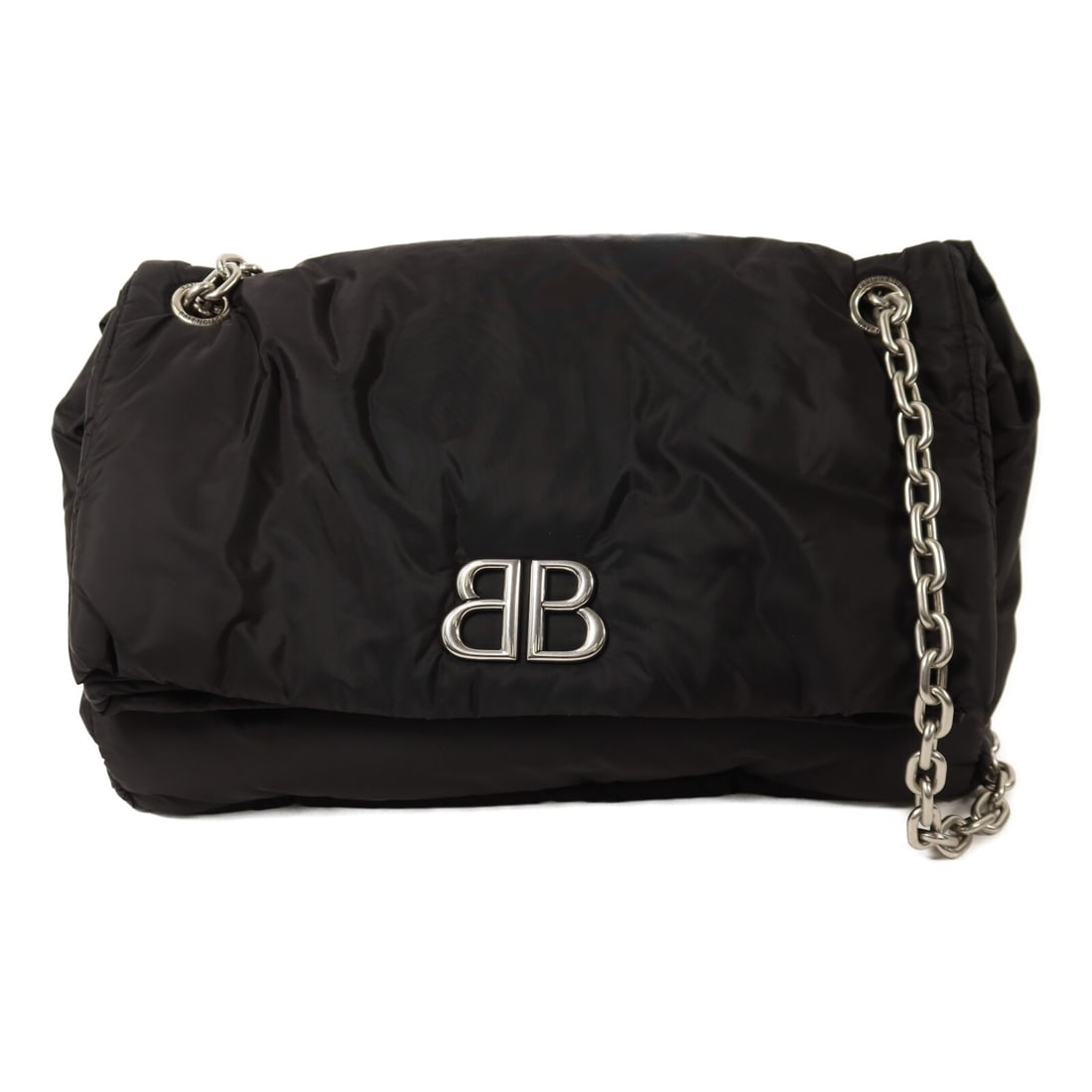 Balenciaga Monaco Black Nylon Shoulder Bag with Silver Chain Hardware: Balenciaga Monaco Black Nylon Shoulder Bag with Silver Chain Hardware This Balenciaga Monaco chain shoulder bag features a sleek black nylon exterior with silver-tone hardware. Designed in a regular s