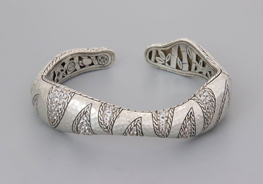 Sterling Silver Wave Cuff Bracelet John Hardy Palu Macan White Topaz: Sterling Silver Wave Cuff Bracelet John Hardy Palu Macan White Topaz This John Hardy Palu Macan Collection Wave Cuff Bangle is expertly crafted from sterling silver and features a distinctive hammered