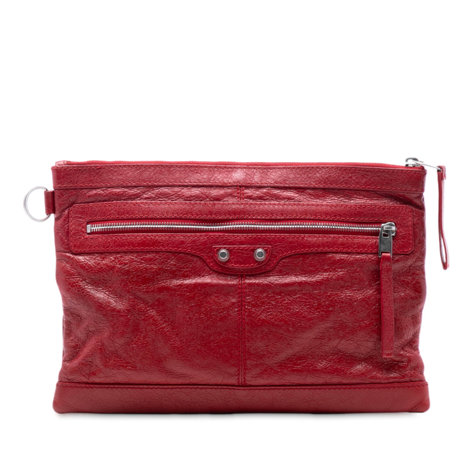 Balenciaga Motocross Classic Clip M Lambskin Leather Red Clutch Bag: Balenciaga Motocross Classic Clip M Lambskin Leather Red Clutch Bag This Balenciaga Lambskin Motocross Classic Clip M Clutch features a red leather body with a top zip closure, an exterior front zip p