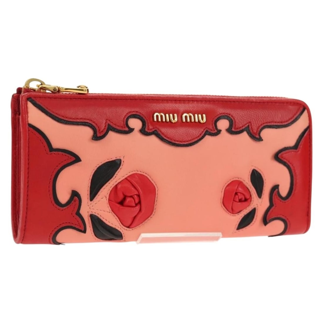 Red Miu Miu Leather Wallet with Gold Accents and Box: Red Miu Miu Leather Wallet with Gold Accents and Box This Miu Miu wallet features a sleek red leather exterior with gold accents. Crafted in Italy, it offers a compact and elegant design, ideal for ev
