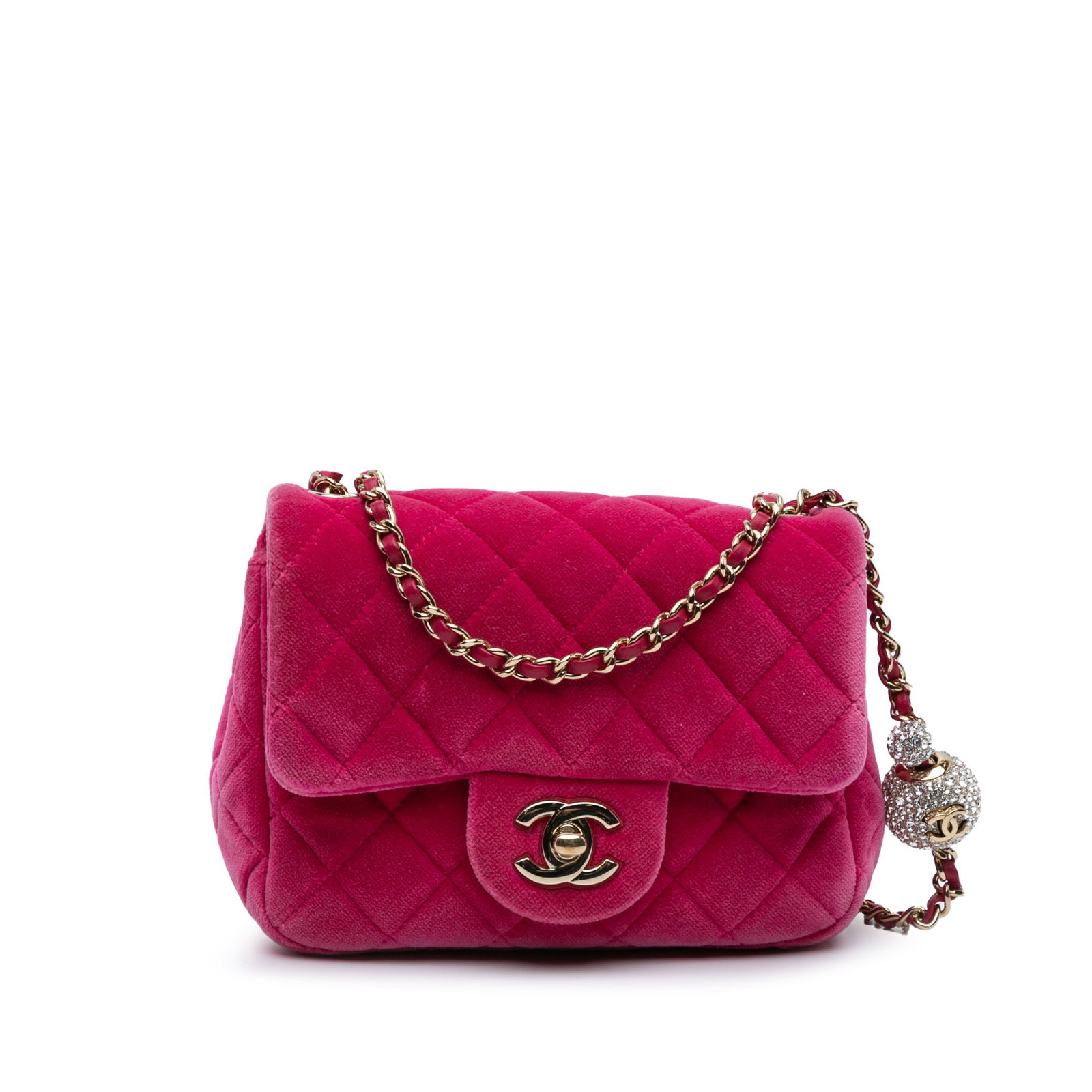 Chanel Mini Square Classic Velvet Pearl Crush Bag Pink Leather: Chanel Mini Square Classic Velvet Pearl Crush Bag Pink Leather Elevate your style with this Chanel Mini Square Classic Velvet Pearl Crush Single Flap crossbody bag. Crafted from luxurious quilted lamb