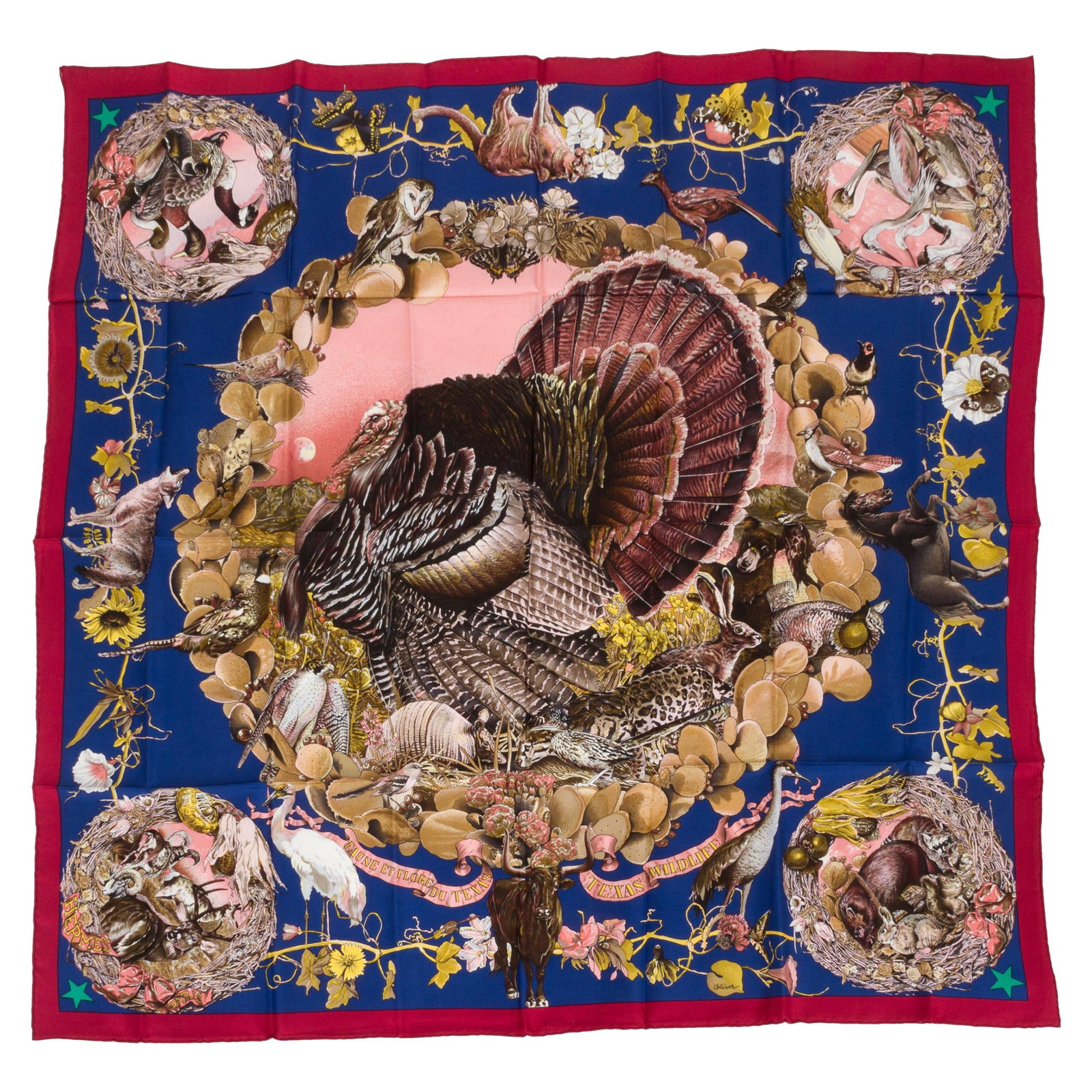 Kermit Oliver Texas Wildlife Silk Square Scarf in Blue and Burgundy by Hermes: Kermit Oliver Texas Wildlife Silk Square Scarf in Blue and Burgundy by Hermes Hermes Texas Wildlife silk scarf designed by Kermit Oliver, featuring a blue and burgundy color combination with hand-roll