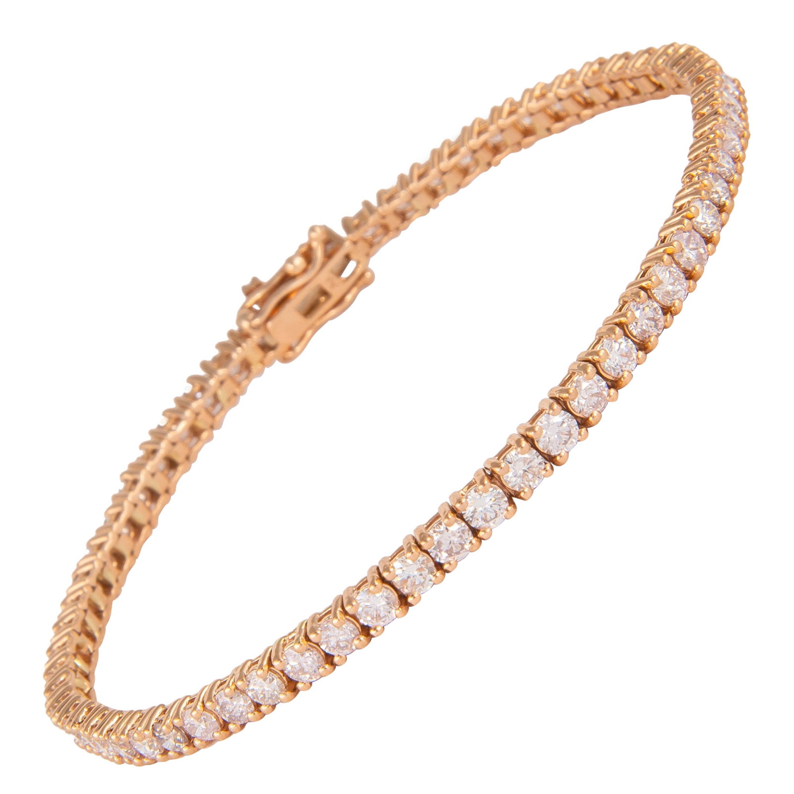4.62ct Diamond Tennis Bracelet in 14k Rose Gold: 4.62ct Diamond Tennis Bracelet in 14k Rose Gold This exquisite 4.62ct Diamond Tennis Bracelet is crafted in 14k rose gold, showcasing a striking collection of 60 round brilliant diamonds. With a total