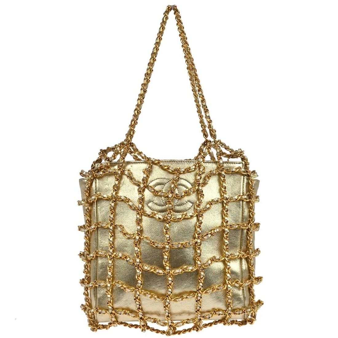 Gold Lambskin Chanel Caged-Chain Top Handle Small Bag (1 of 10)