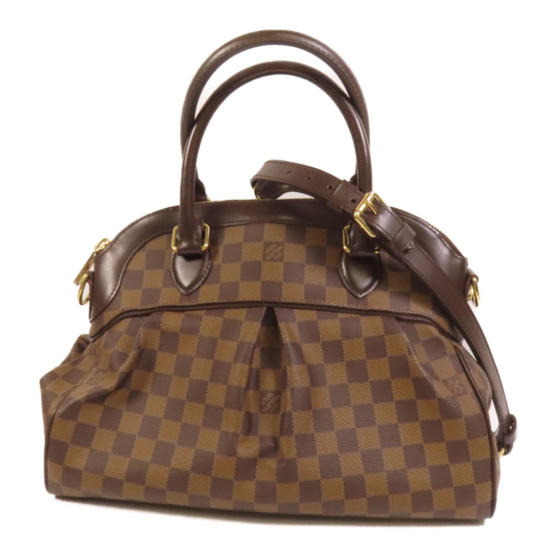 Louis Vuitton Trevi Brown Damier Canvas Shoulder Bag with Gold Hardware: Louis Vuitton Trevi Brown Damier Canvas Shoulder Bag with Gold Hardware This Louis Vuitton Trevi 2-way shoulder bag features the iconic Damier pattern in brown PVC coated canvas. Designed for versatil