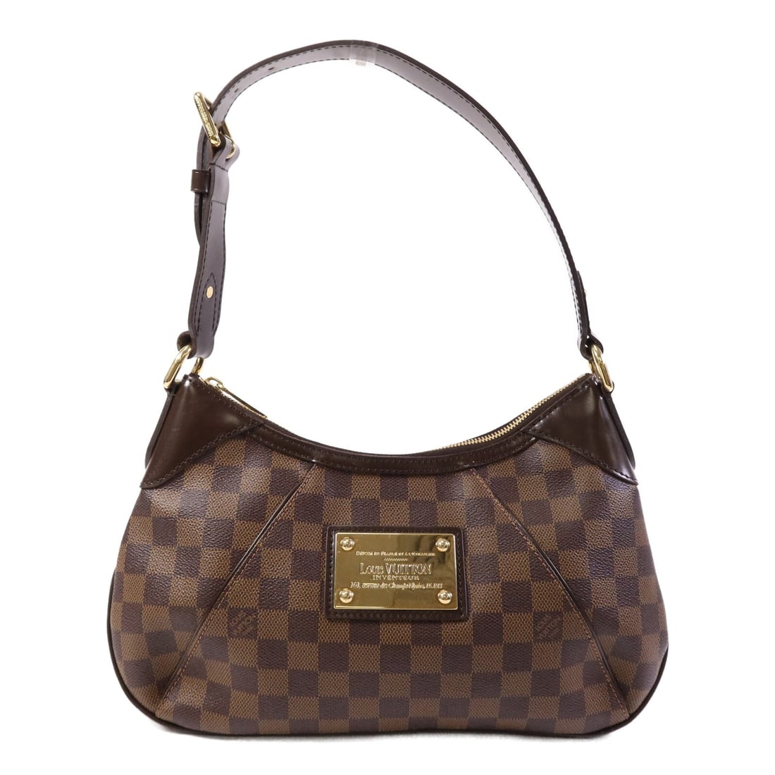Louis Vuitton Thames PM Damier Ebene Shoulder Bag with Gold Hardware: Louis Vuitton Thames PM Damier Ebene Shoulder Bag with Gold Hardware This Louis Vuitton Thames PM shoulder bag features the signature Damier Ebene brown PVC coated canvas with gold-tone hardware. Desi