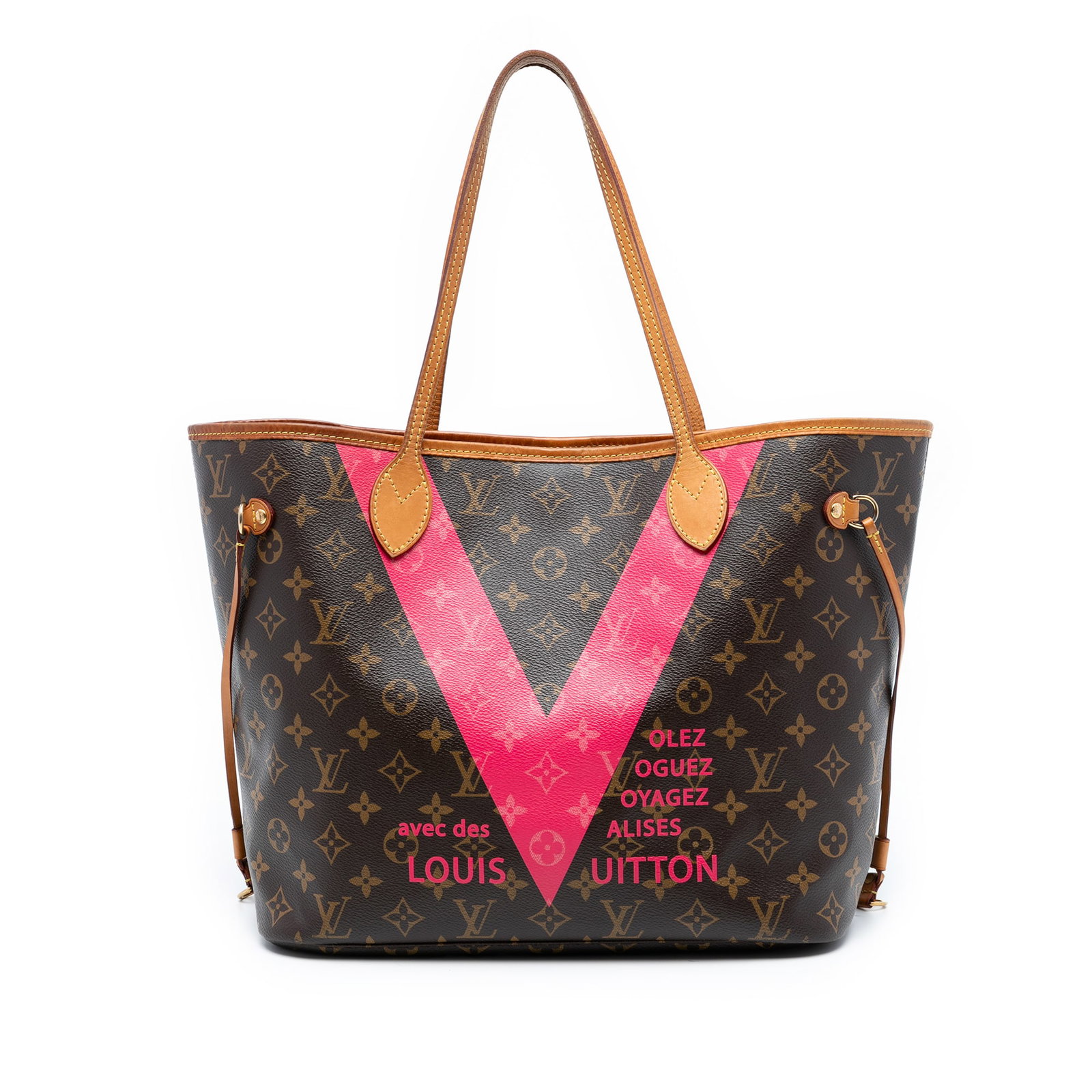 Neverfull MM Monogram V Tote with Vachetta Leather Handles by Louis Vuitton: Neverfull MM Monogram V Tote with Vachetta Leather Handles by Louis Vuitton The Louis Vuitton Monogram V Neverfull MM features a monogram canvas body with a distinctive V print and vachetta leather ha