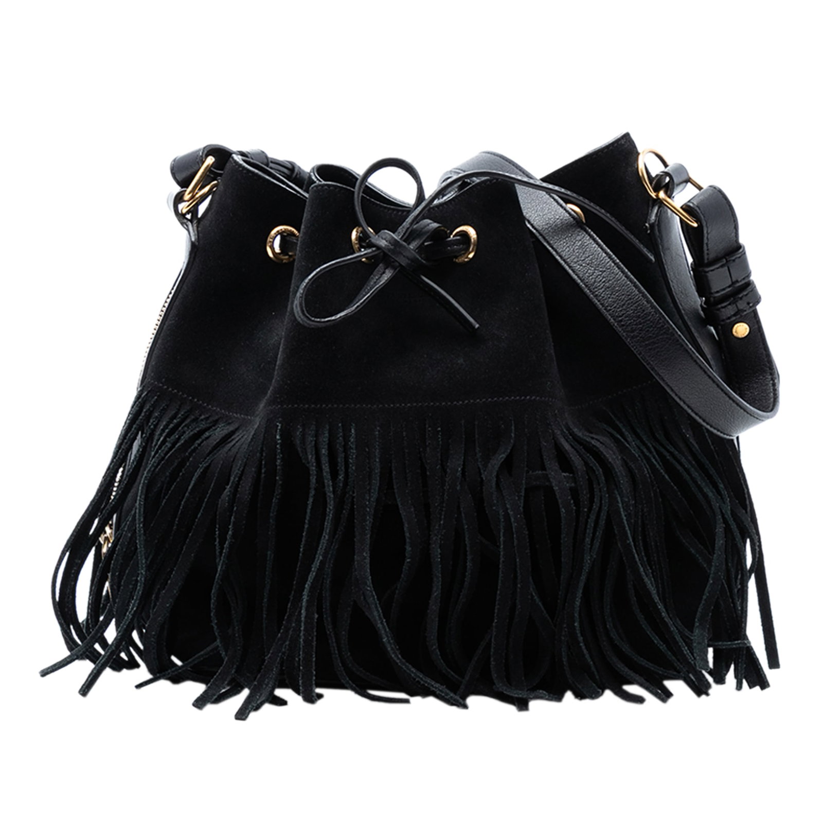 Black Suede Emmanuelle Bucket Bag with Fringe by Saint Laurent (1 of 7)