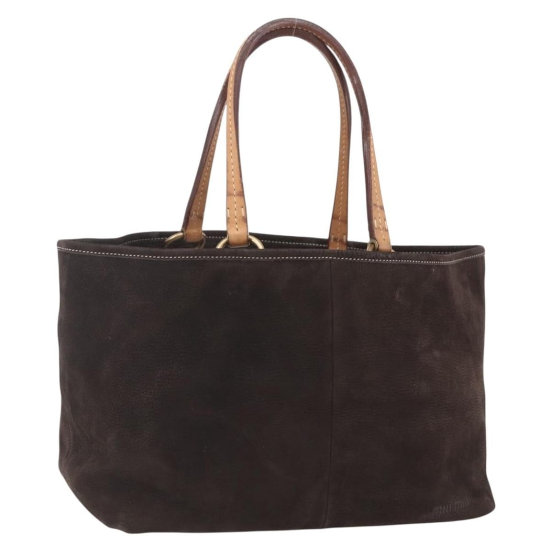 Brown Suede Miu Miu Tote with Gold Accents and Dust Bag: Brown Suede Miu Miu Tote with Gold Accents and Dust Bag This Miu Miu tote bag is crafted from brown suede with gold accents and features a spacious design suitable for everyday use. Made in Italy, it