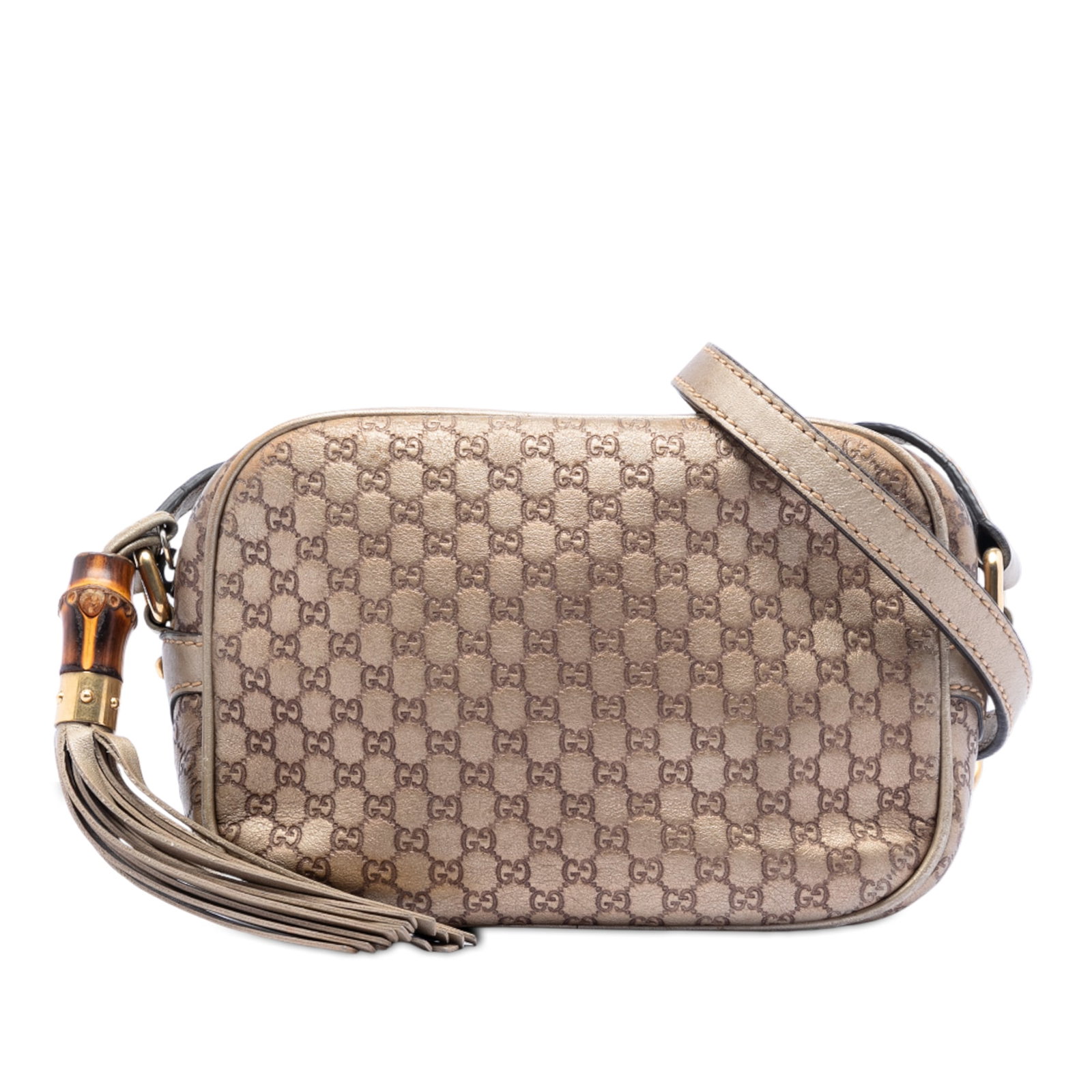 Gucci Microguccissima Gold Leather Sunshine Disco Crossbody Camera Bag: Gucci Microguccissima Gold Leather Sunshine Disco Crossbody Camera Bag This Gucci Metallic Microguccissima Sunshine Disco Camera Bag is crafted from gold leather and features a crossbody style with a