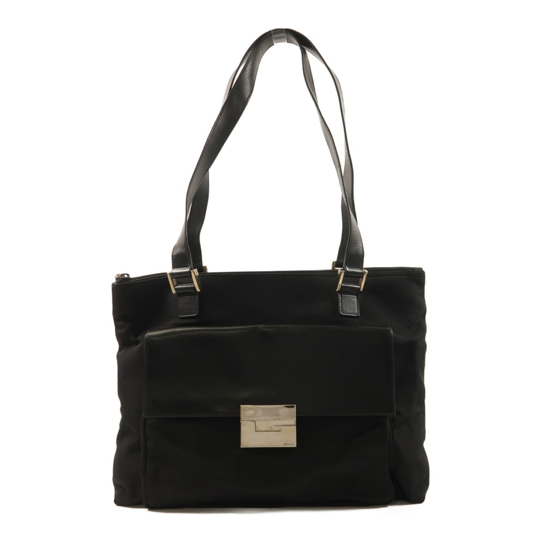 Gucci Black Canvas GG Shoulder Bag with Silver Hardware: Gucci Black Canvas GG Shoulder Bag with Silver Hardware This vintage GUCCI GG shoulder bag features a black canvas exterior with silver-tone hardware. The bag is designed for women and offers a classi