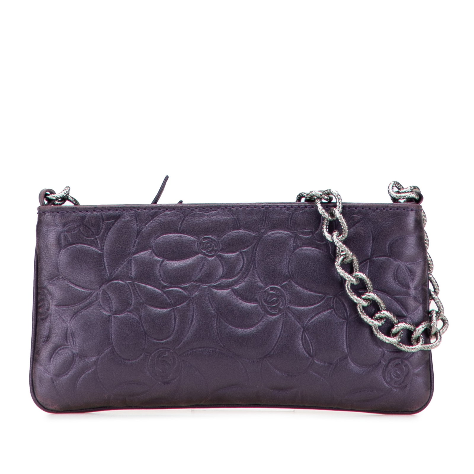 Chanel Purple Embossed Lambskin Camellia Chain Pochette Bag: Chanel Purple Embossed Lambskin Camellia Chain Pochette Bag Introducing the Chanel Embossed Lambskin Camellia Chain Pochette, a chic shoulder bag crafted from luxurious embossed lambskin leather. This