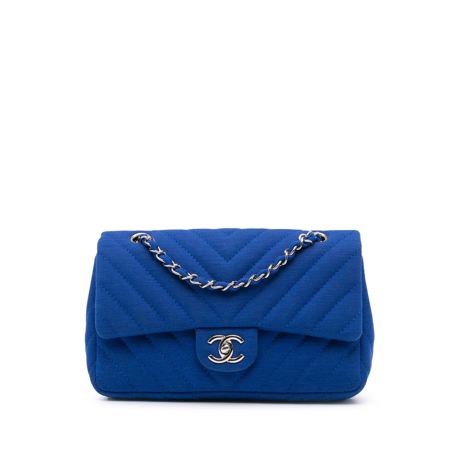 Blue Chanel Medium Chevron Fabric Shoulder Bag with Chain Strap: Blue Chanel Medium Chevron Fabric Shoulder Bag with Chain Strap This Chanel Medium Chevron Jersey Single Flap shoulder bag features a quilted cotton body in blue, complemented by a leather-woven chain