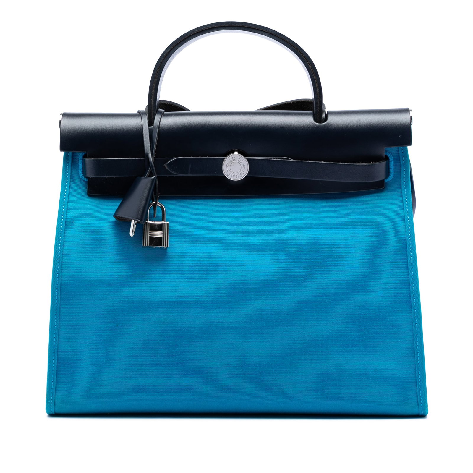 Herbag Zip 31 Blue Canvas Shoulder Bag with Leather Trim by Hermes: Herbag Zip 31 Blue Canvas Shoulder Bag with Leather Trim by Hermes The Hermes Toile Herbag Zip 31 is a blue handbag featuring a canvas body with a flat leather top handle and a flat leather shoulder s