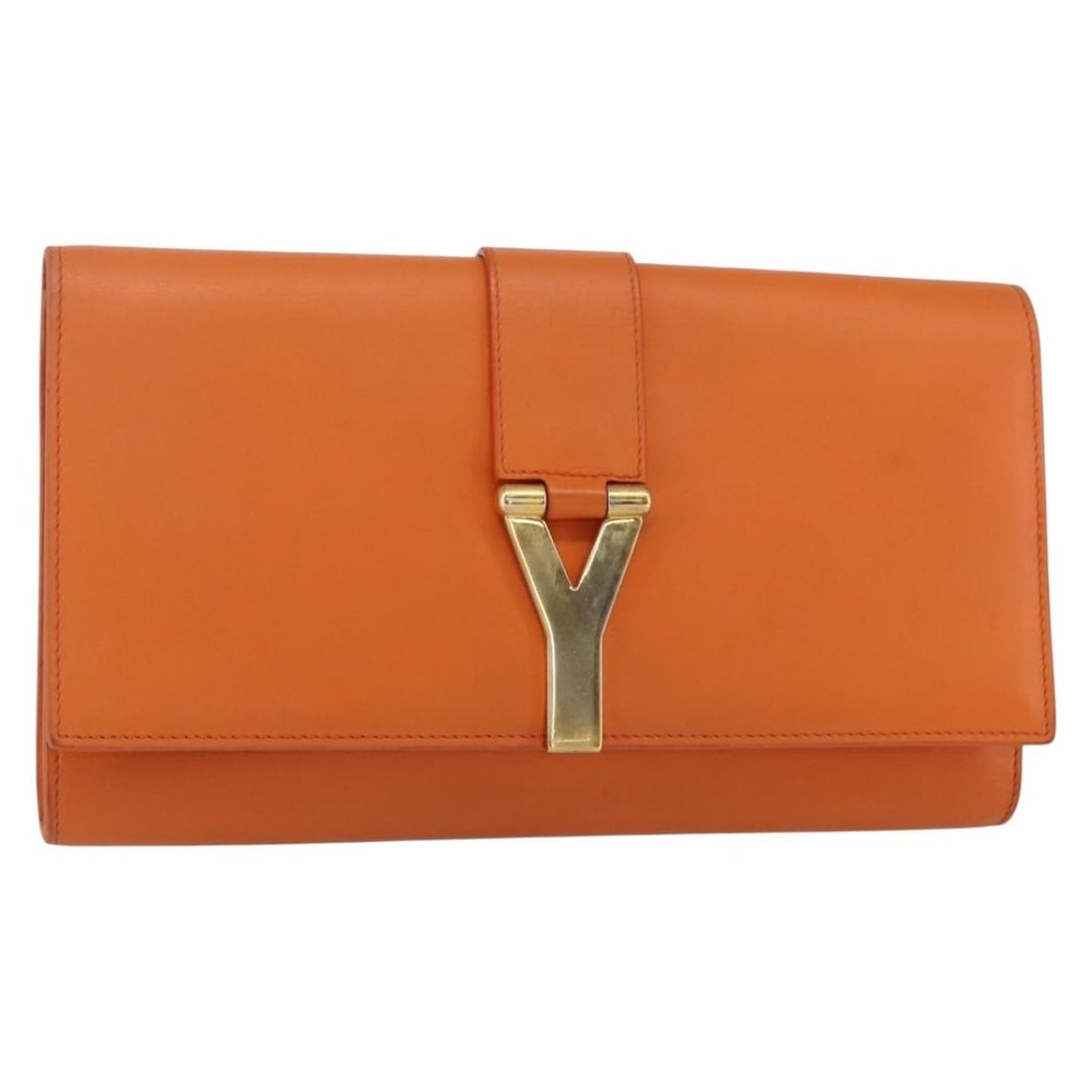 SAINT LAURENT Y Line Orange Leather Clutch Bag Gold Accents Auth 157267V (1 of 17)