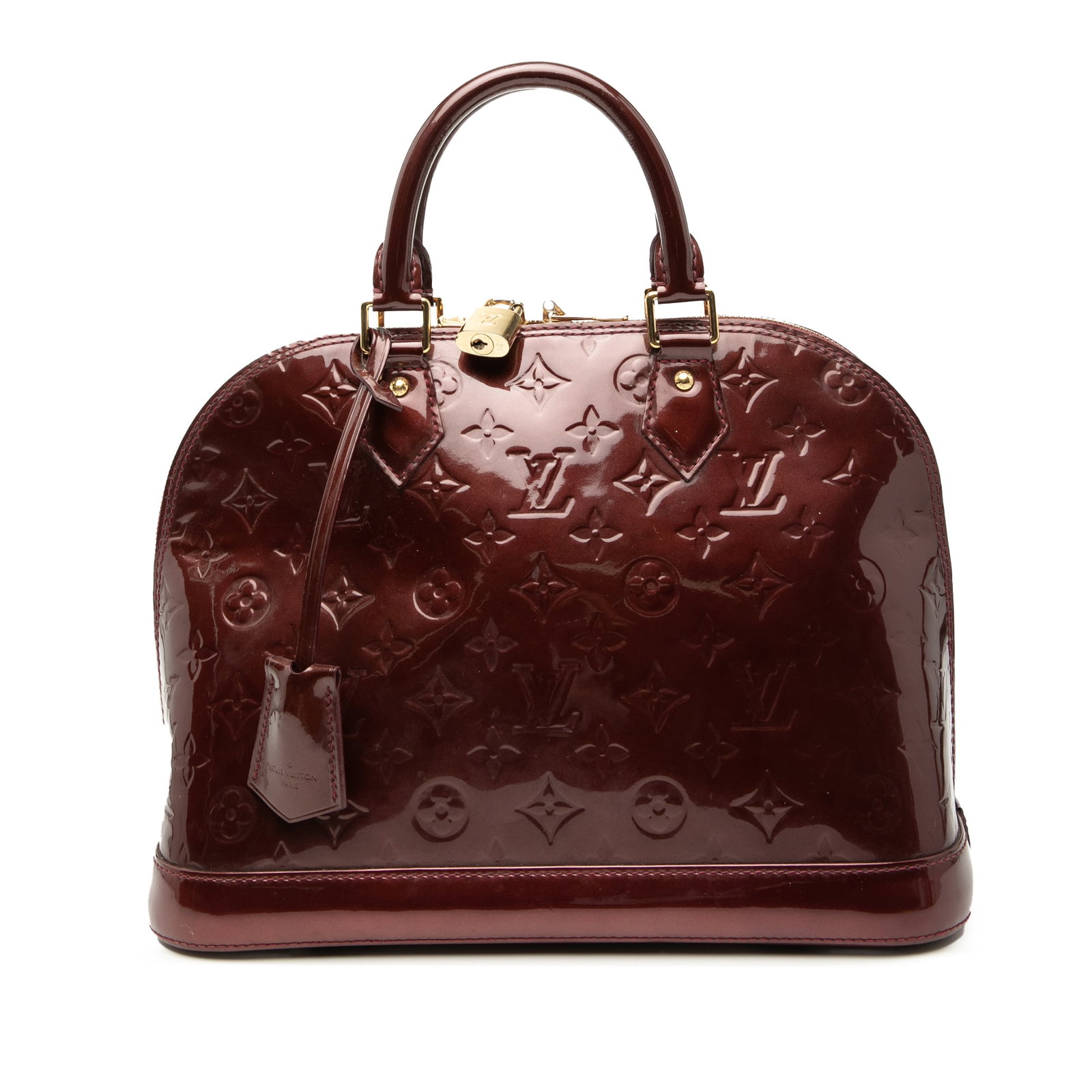 Red Monogram Vernis Alma PM Bag by Louis Vuitton: Red Monogram Vernis Alma PM Bag by Louis Vuitton The Louis Vuitton Monogram Vernis Alma PM features a red monogram vernis leather body, rolled leather handles, a top zip closure, and interior slip poc