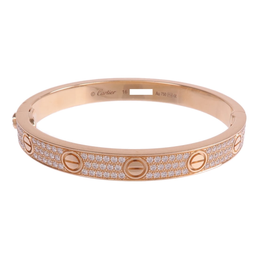 Cartier Love Diamond Bracelet 18K Rose Gold Size 16: Cartier Love Diamond Bracelet 18K Rose Gold Size 16 This Cartier Love Bracelet is crafted from 18K pink (rose) gold and features a full pave diamond design. Made in France, it is designed for women an