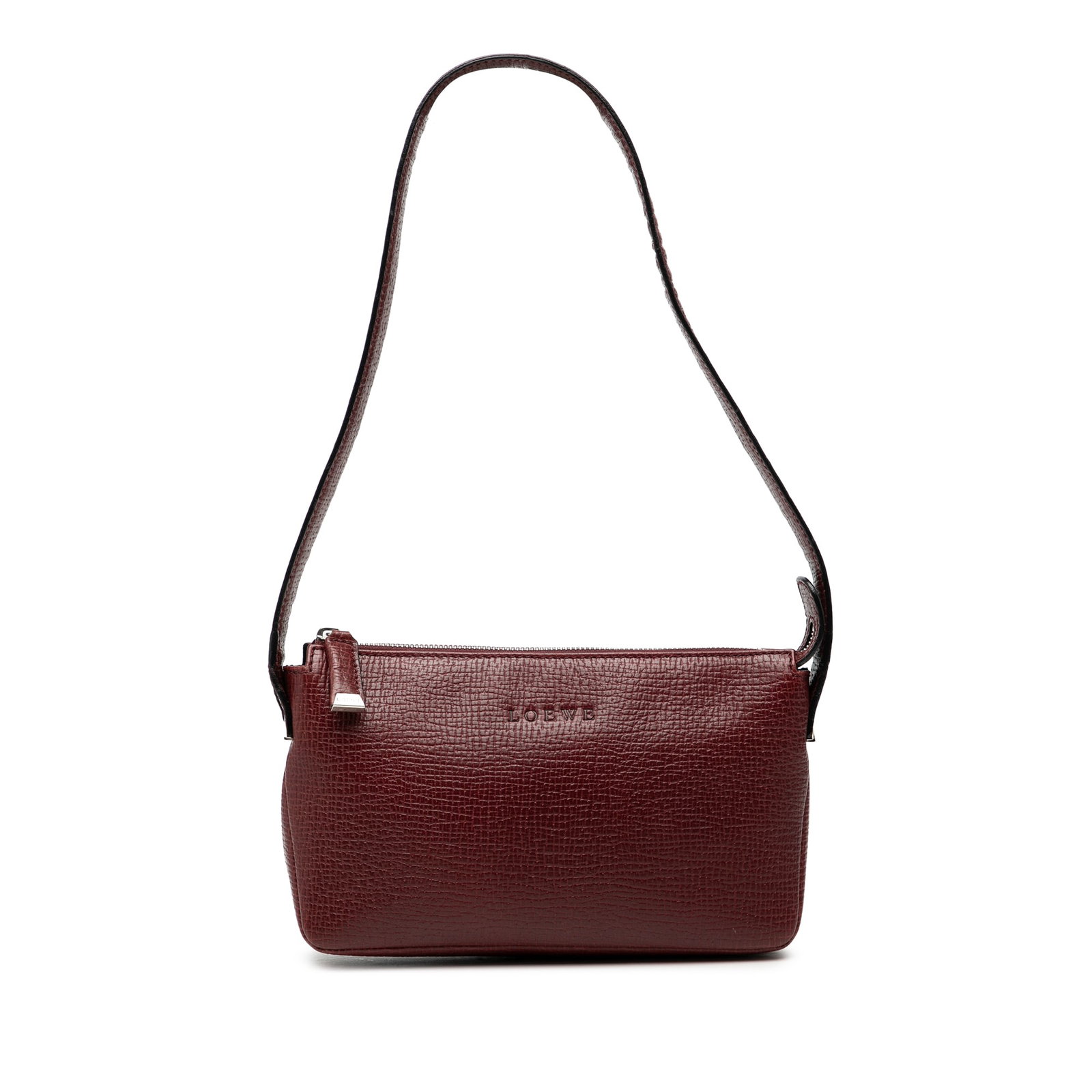 Loewe Red Leather Shoulder Bag with Textured Finish and Zip Pocket: Loewe Red Leather Shoulder Bag with Textured Finish and Zip Pocket This LOEWE shoulder bag features a textured leather body in red, complemented by a flat leather strap and a top zip closure. The inte