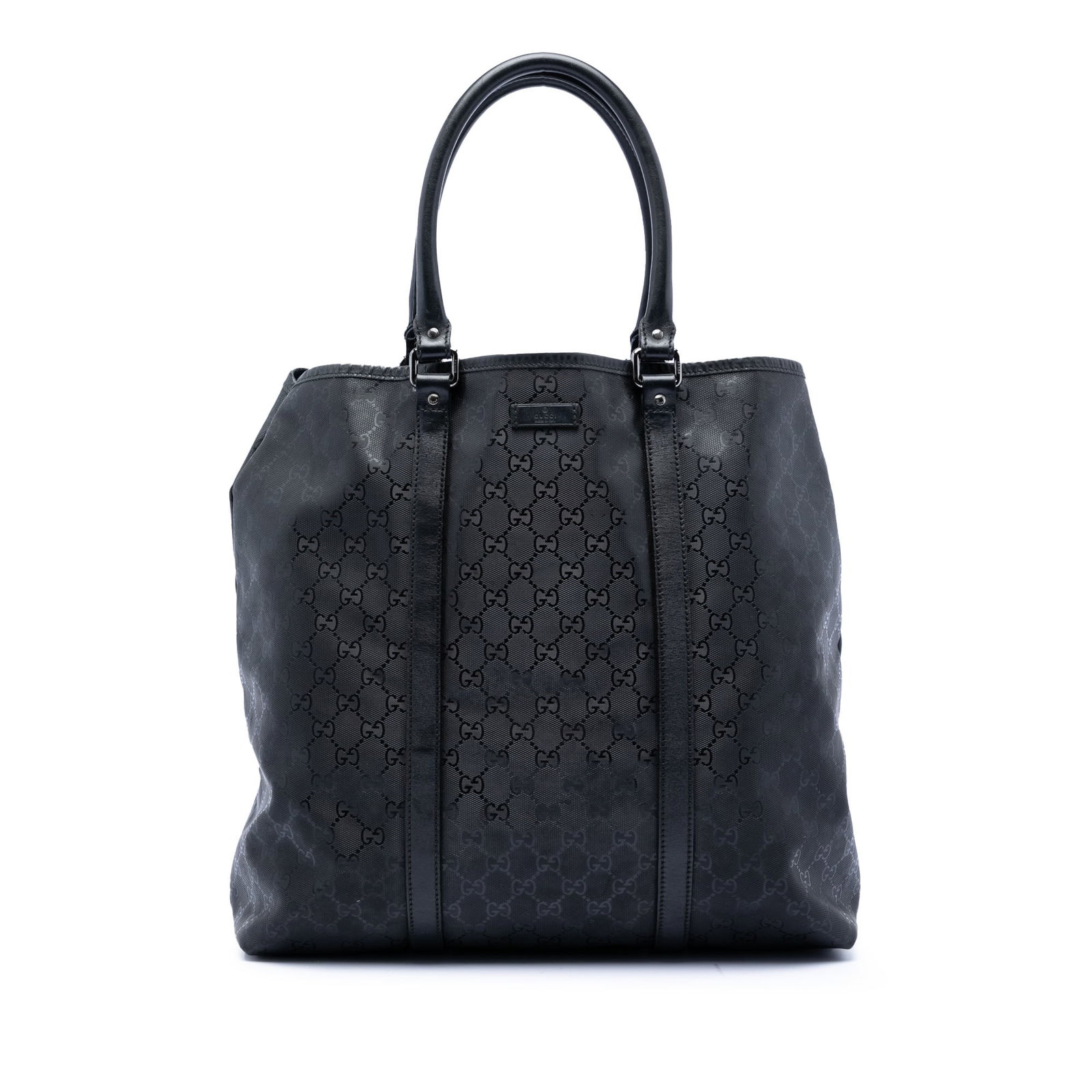 Gucci Joy Tote Bag in GG Imprime Black Coated Canvas with Leather Trim: Gucci Joy Tote Bag in GG Imprime Black Coated Canvas with Leather Trim This Gucci GG Imprime Joy Vertical Tote features a coated canvas exterior with leather trim and rolled leather handles. The bag o