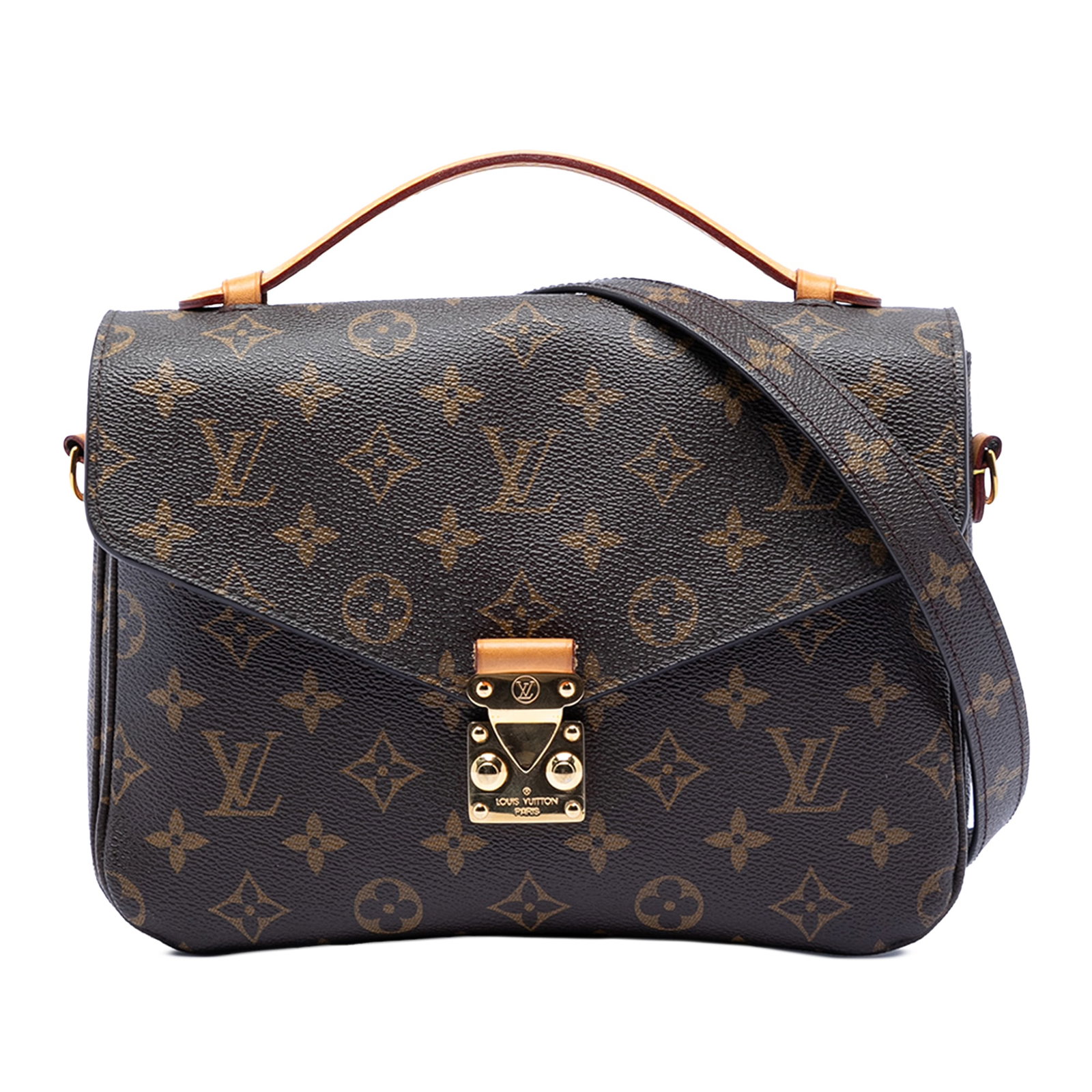 Louis Vuitton Pochette Metis Shoulder Bag in Monogram Canvas: Louis Vuitton Pochette Metis Shoulder Bag in Monogram Canvas The Louis Vuitton Monogram Pochette Metis features a monogram canvas body with a flat vachetta leather top handle, a detachable flat should