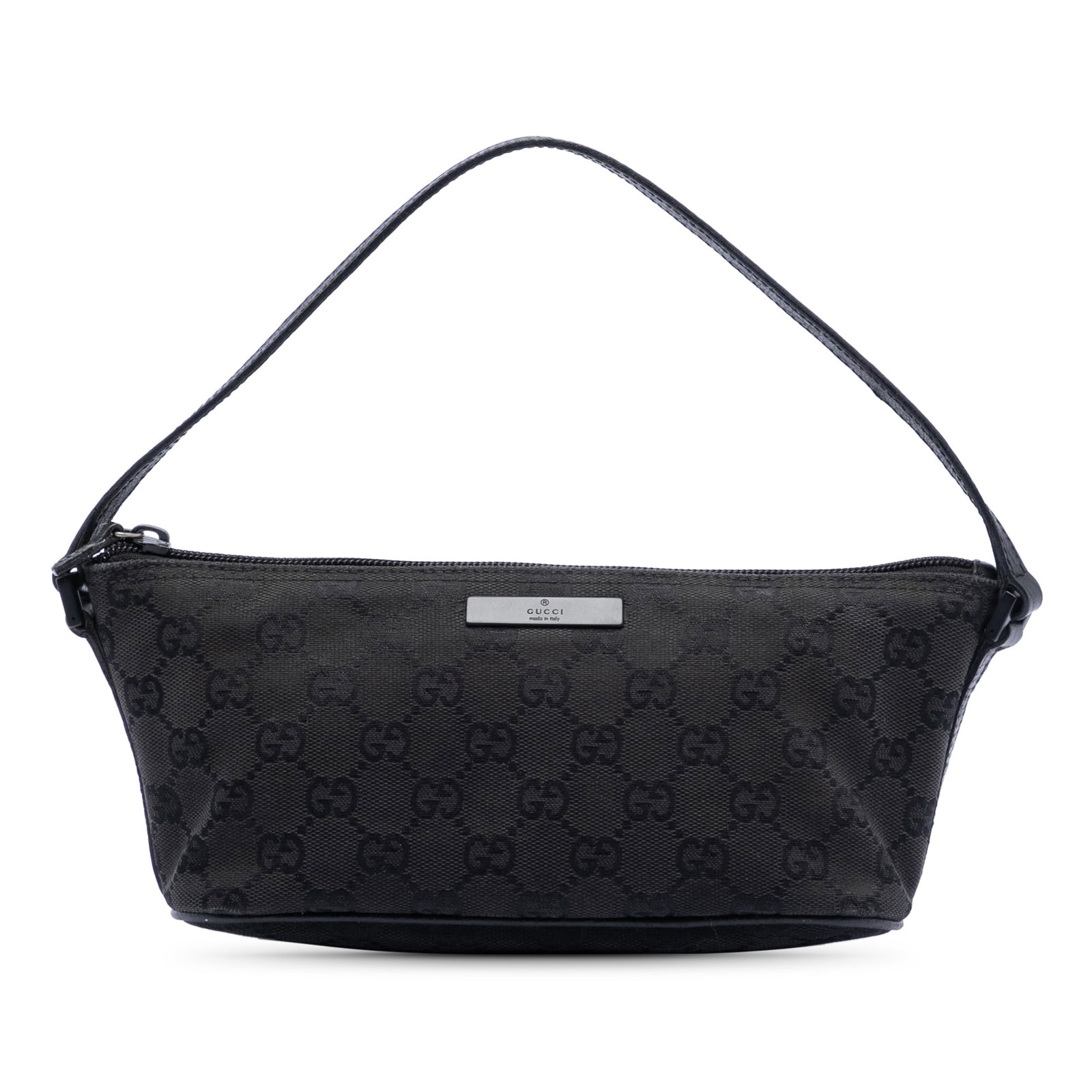 Shoulder Bag by Gucci GG Canvas Boat Black Leather Trim Italy: Shoulder Bag by Gucci GG Canvas Boat Black Leather Trim Italy This Gucci GG Canvas Boat shoulder bag features a canvas body with leather trim, a flat leather strap, and a top zip closure. The bag show