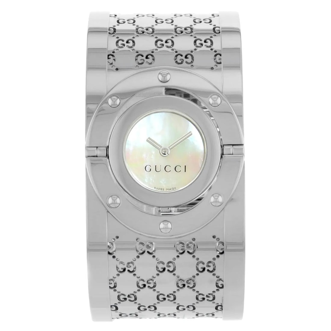 Gucci Twirl 112 Stainless Steel White Mother of Pearl Dial Women's Bangle Watch: Gucci Twirl 112 Stainless Steel White Mother of Pearl Dial Women's Bangle Watch This Gucci 112 Twirl ladies bangle watch features a polished stainless steel case and bracelet with a white mother of pe