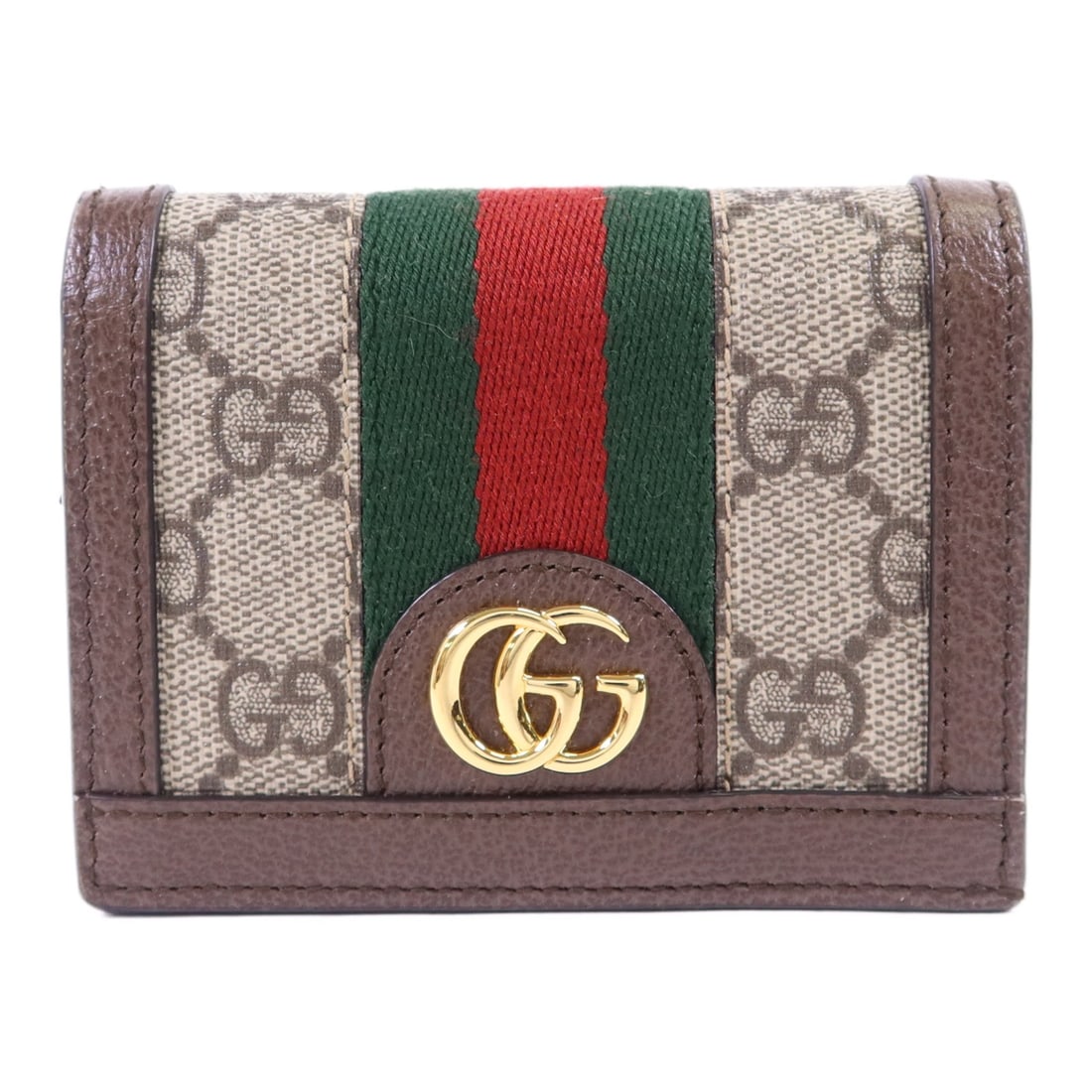Brown Ophidia Bi-fold Wallet by Gucci with GG Gold Hardware 523155: Brown Ophidia Bi-fold Wallet by Gucci with GG Gold Hardware 523155 This GUCCI Ophidia case wallet features a bi-fold design crafted from durable PVC coated canvas in brown. Made in Italy, it offers bo