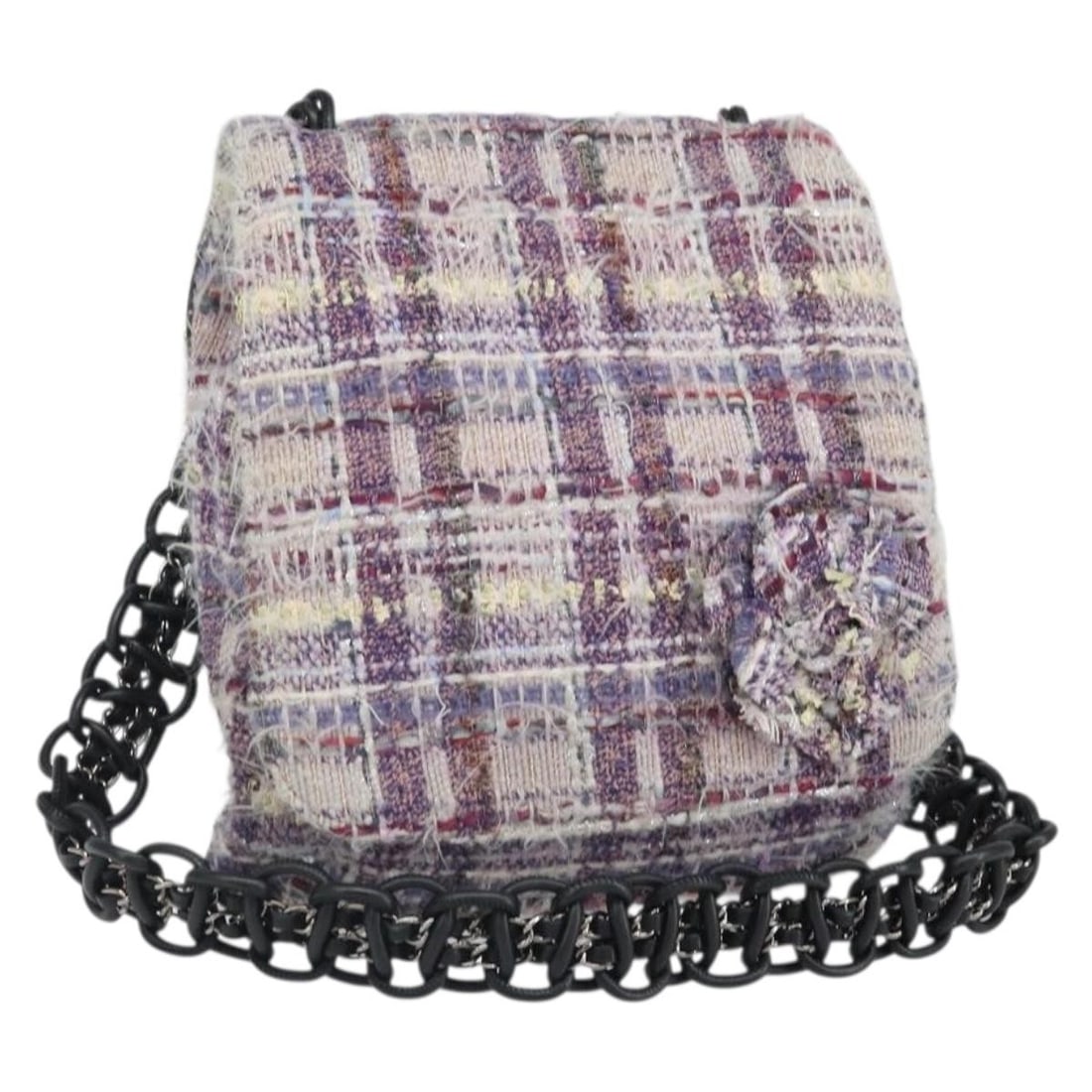 Chanel Camelia Multicolor Suede Shoulder Bag with Chain and Silver Tone CC: Chanel Camelia Multicolor Suede Shoulder Bag with Chain and Silver Tone CC This CHANEL Camelia shoulder bag features a multicolor suede exterior accented with silver-tone details and the iconic CC log