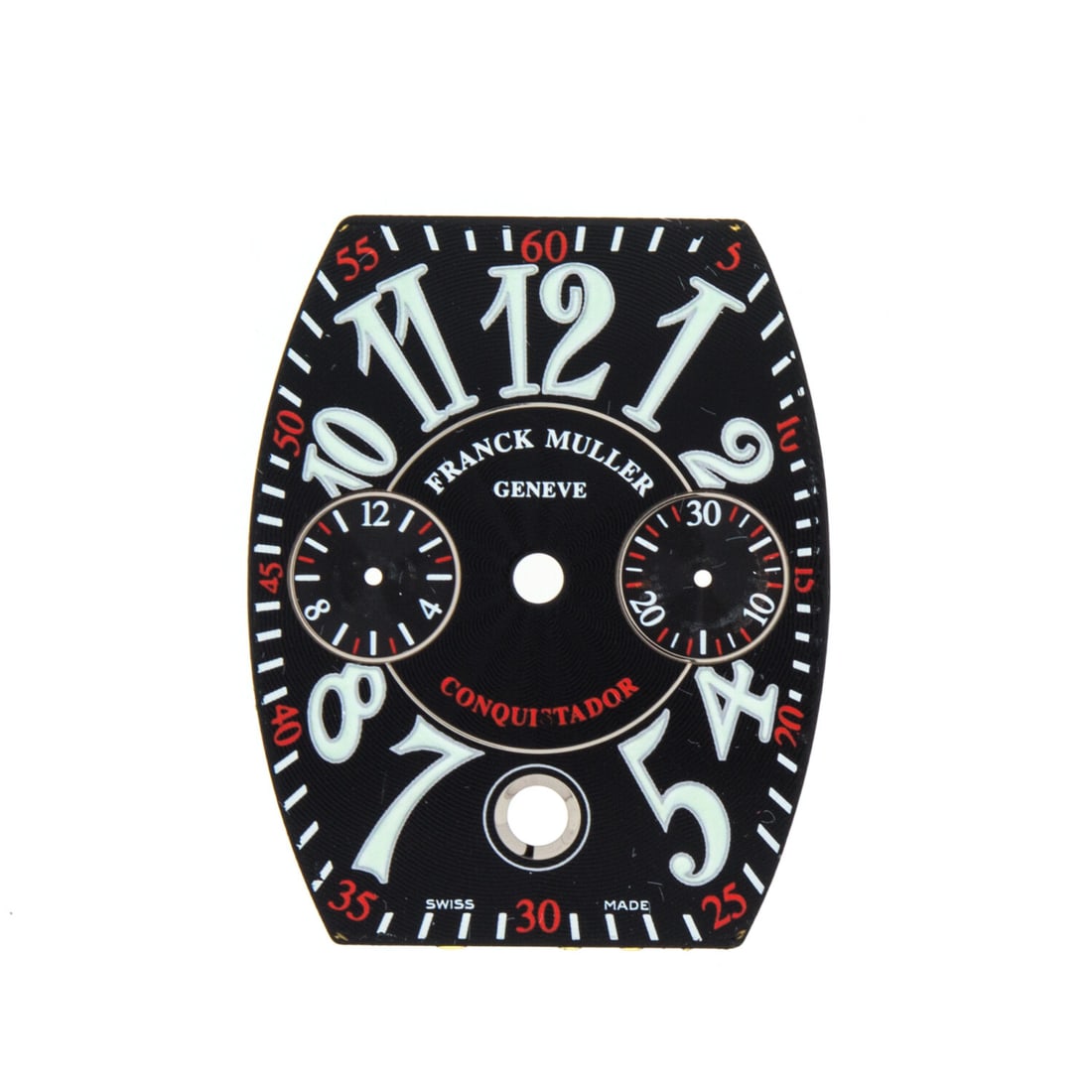 Franck Muller Conquistador Chronograph Black Arabic Watch Dial 25 x 31 mm: Franck Muller Conquistador Chronograph Black Arabic Watch Dial 25 x 31 mm This Franck Muller Conquistador Chronograph watch dial features a striking black color with Arabic numerals as hour markers. D