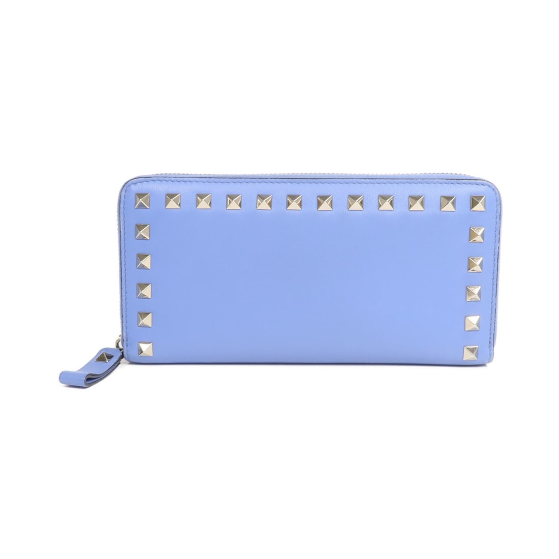 Valentino Blue Calfskin Rockstud Zip Around Wallet Gold Hardware: Valentino Blue Calfskin Rockstud Zip Around Wallet Gold Hardware This Valentino Rockstud round long wallet is crafted from blue calfskin leather and features gold-tone hardware. Designed for women, it